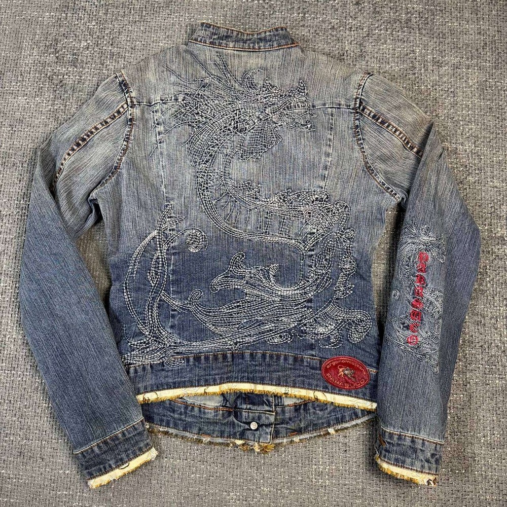 Parasuco Denim Jacket Womens Small Blue Dragon Brocade Frayed Y2K Ergonomic